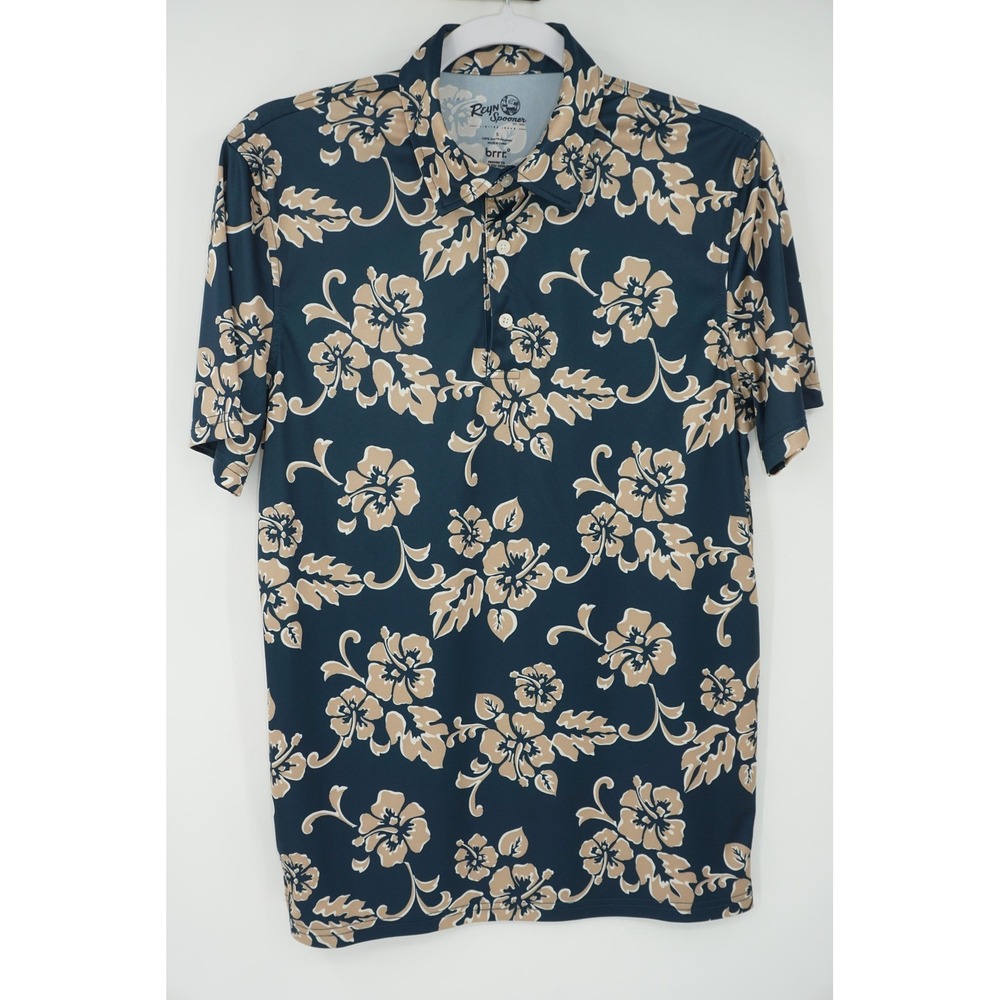 Reyn Spooner Polo Shirt Mens Small Blue Floral AOP Brrr Cooling Performance Golf